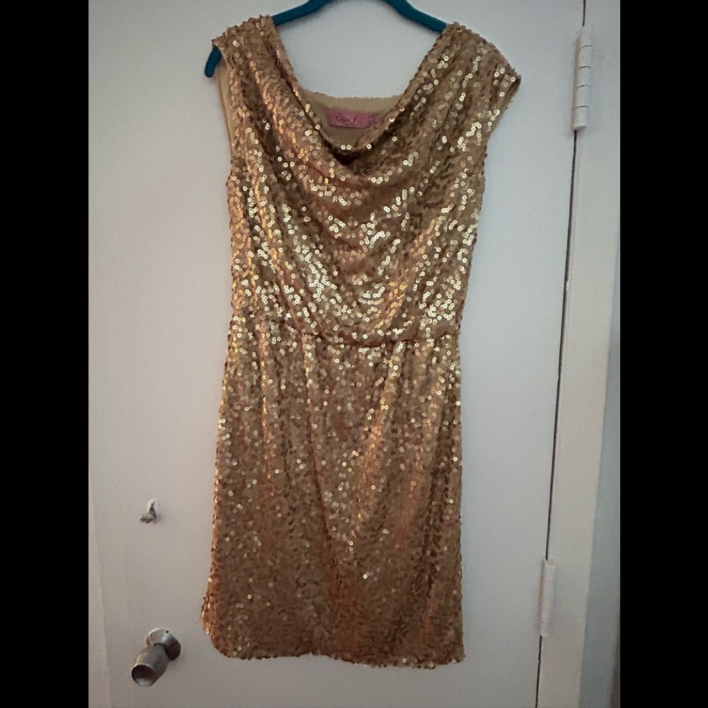 Eliza J gold sequence dress. Cowl neck